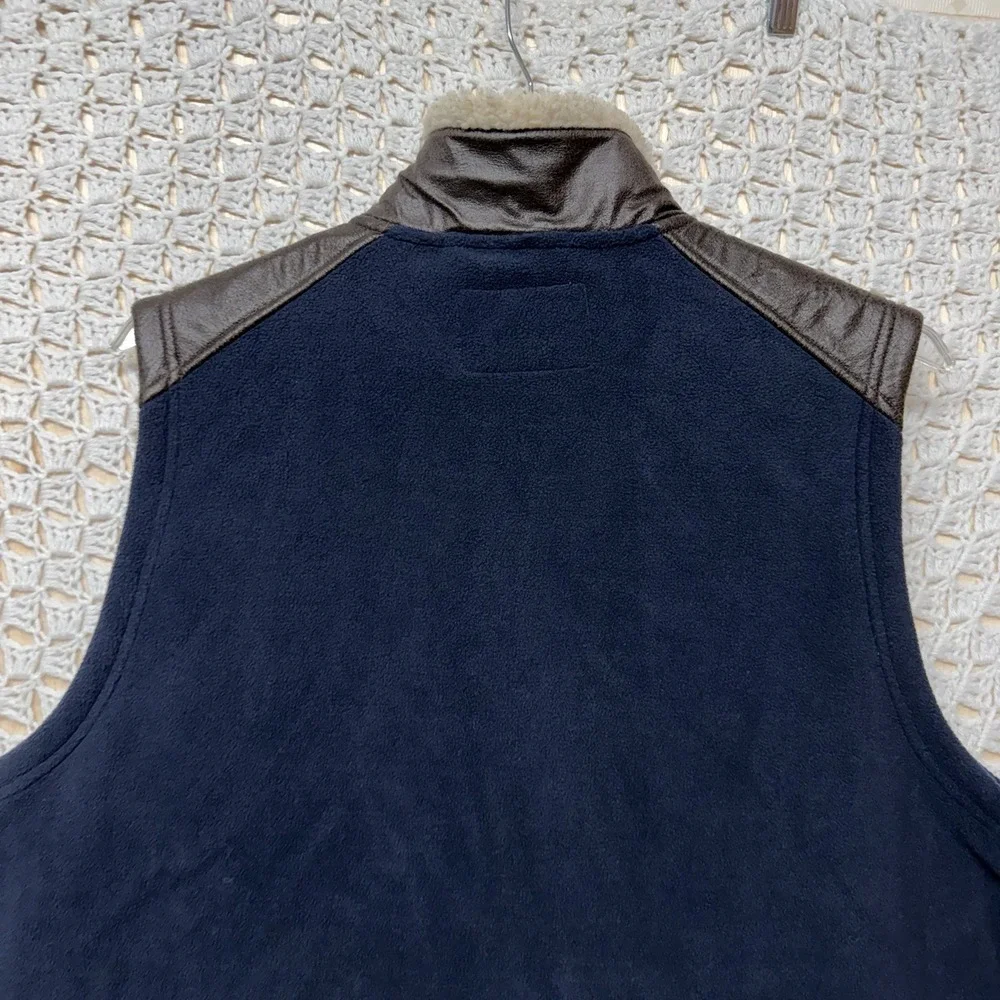 Orvis Fleece Vest‎ Men's L Navy Blue Sherpa Lined Mock Neck Faux Leather Trim
